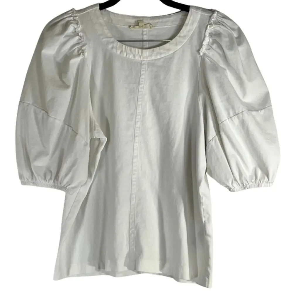 Madewell White Smocked Puff Short Sleeve Crew Neck Blouse Size S